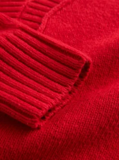 Cherry Red Cotton And Wool Blend Longline V-Neck Jumper