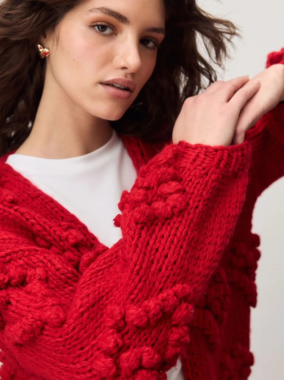 Cherry Red Hand Stitch Heart Detail Cardigan
