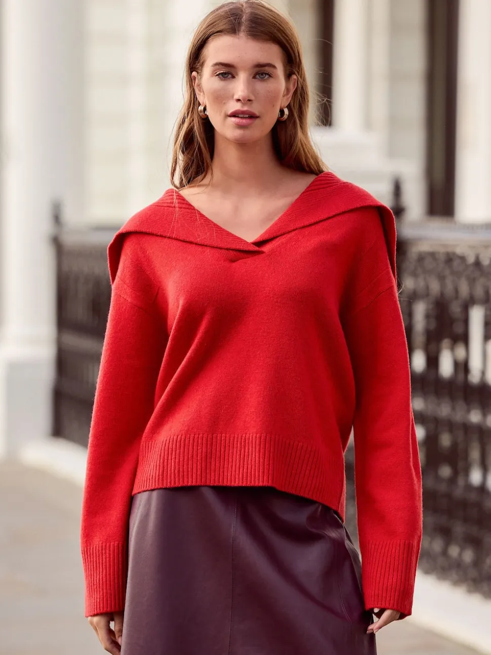 Cherry Red N.Premium 100% Lambswool Sailor Collar Jumper