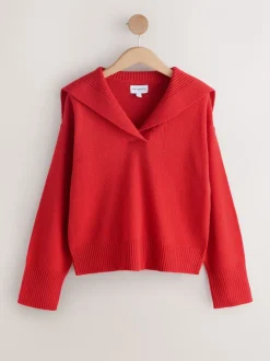 Cherry Red N.Premium 100% Lambswool Sailor Collar Jumper