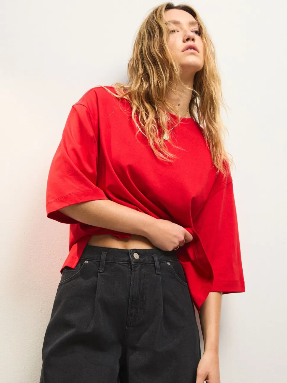 Cherry Red Relaxed Boxy Elbow Length Crew Neck T-Shirt