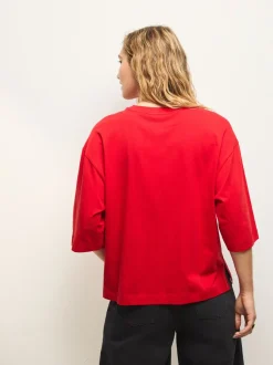 Cherry Red Relaxed Boxy Elbow Length Crew Neck T-Shirt