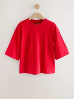 Cherry Red Relaxed Boxy Elbow Length Crew Neck T-Shirt