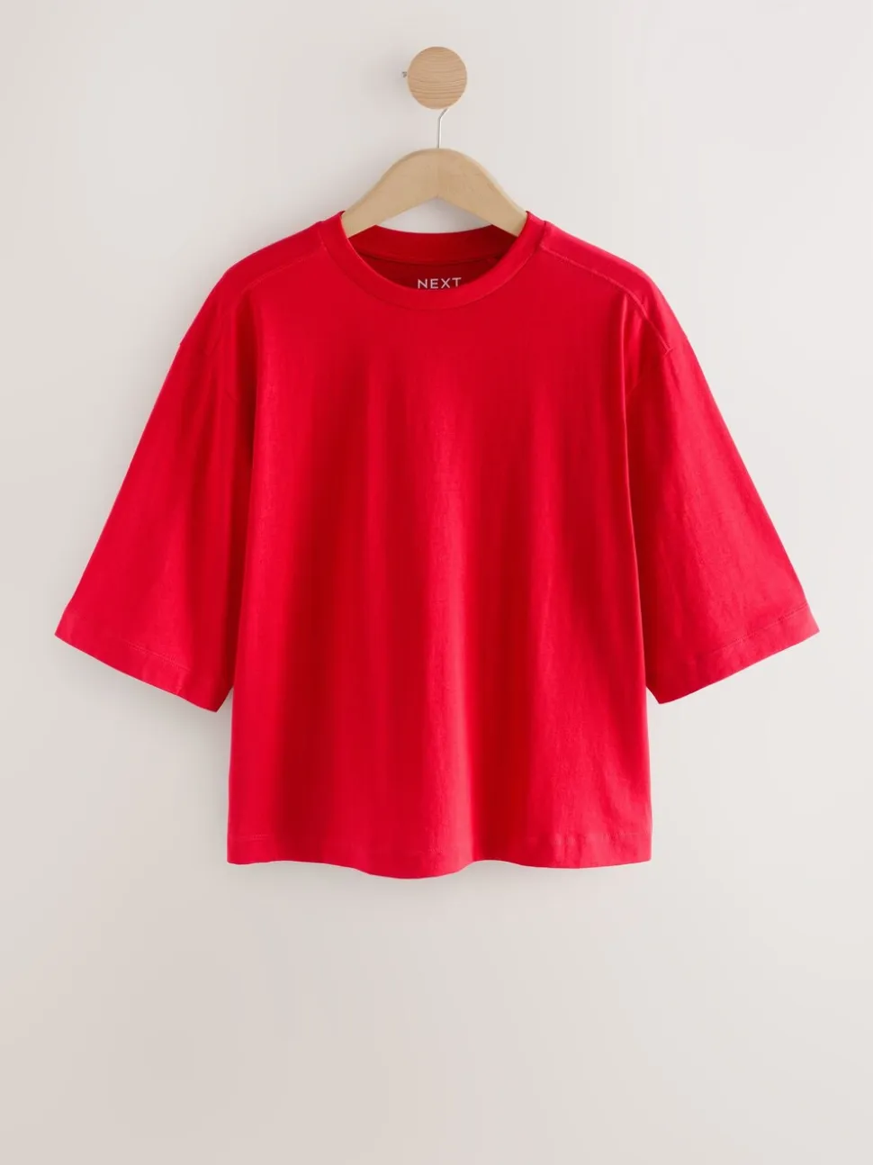 Cherry Red Relaxed Boxy Elbow Length Crew Neck T-Shirt