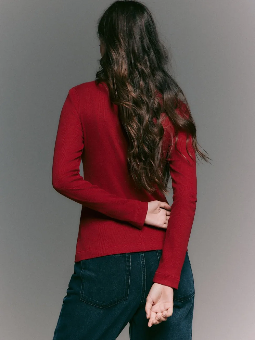 Cherry Red Ribbed High Neck Long Sleeve T-Shirt