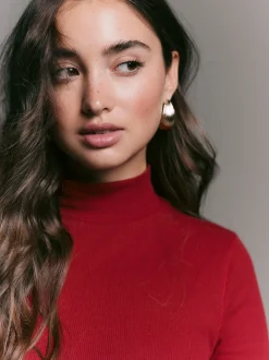 Cherry Red Ribbed High Neck Long Sleeve T-Shirt
