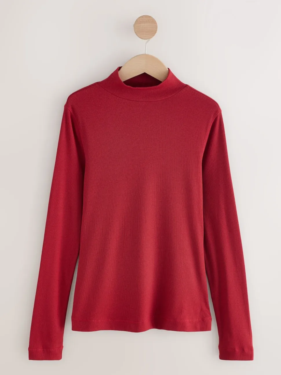 Cherry Red Ribbed High Neck Long Sleeve T-Shirt