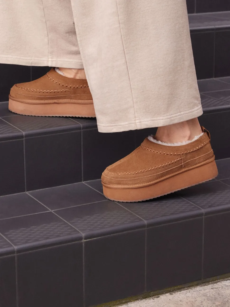 Chestnut Brown Leather Cosy Borg Lined Slip-On Shoes