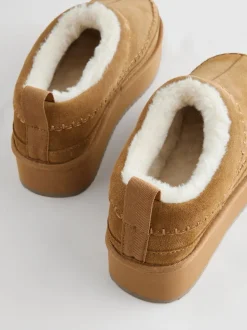 Chestnut Brown Leather Cosy Borg Lined Slip-On Shoes