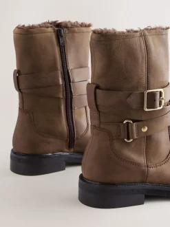 Chestnut Brown Oiled Leather Forever Comfort® Borg Lined Buckle Trim Ankle Boots