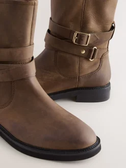 Chestnut Brown Oiled Leather Forever Comfort® Borg Lined Buckle Trim Ankle Boots