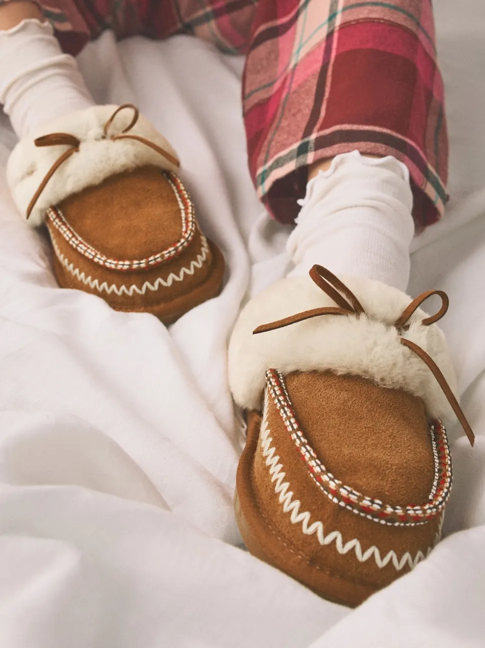 Chestnut Brown Stitch Suede Faux Fur Lined Mule Slippers