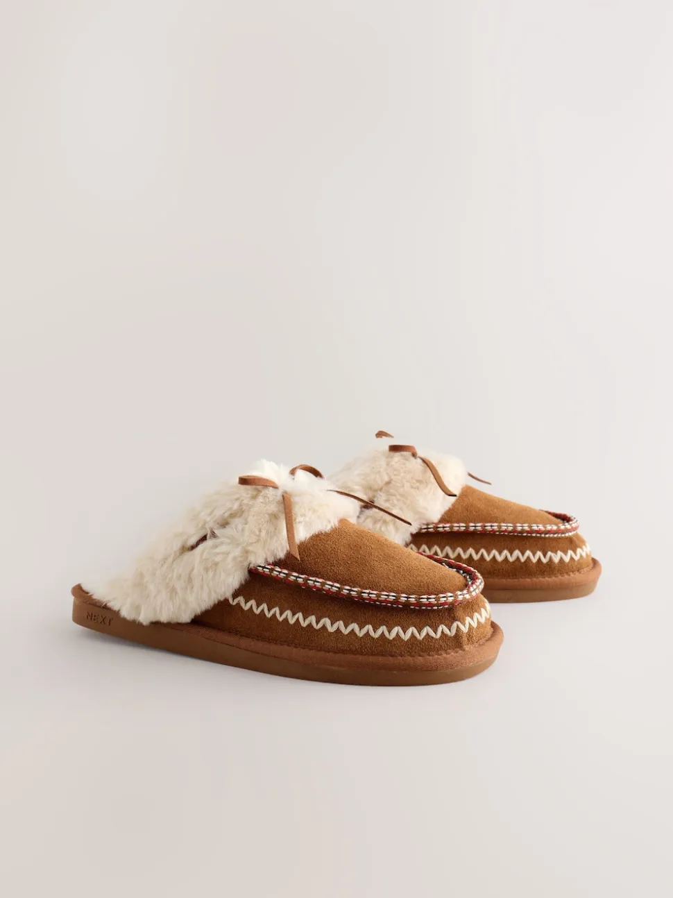 Chestnut Brown Stitch Suede Faux Fur Lined Mule Slippers