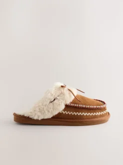 Chestnut Brown Stitch Suede Faux Fur Lined Mule Slippers