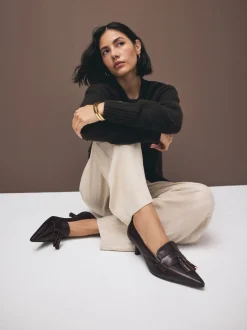 Choc Brown Premium Leather With Motionflex Point Toe Tassel Heels Loafers