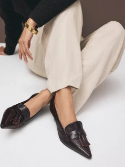 Choc Brown Premium Leather With Motionflex Point Toe Tassel Heels Loafers