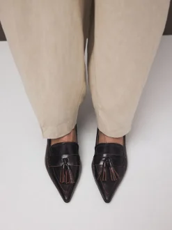 Choc Brown Premium Leather With Motionflex Point Toe Tassel Heels Loafers