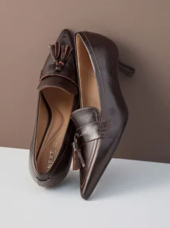 Choc Brown Premium Leather With Motionflex Point Toe Tassel Heels Loafers