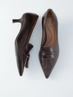 Choc Brown Premium Leather With Motionflex Point Toe Tassel Heels Loafers