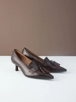 Choc Brown Premium Leather With Motionflex Point Toe Tassel Heels Loafers