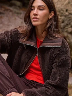 Chocolate Brown Borg Zip Through Fleece With Rib Collar