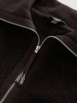 Chocolate Brown Borg Zip Through Fleece With Rib Collar