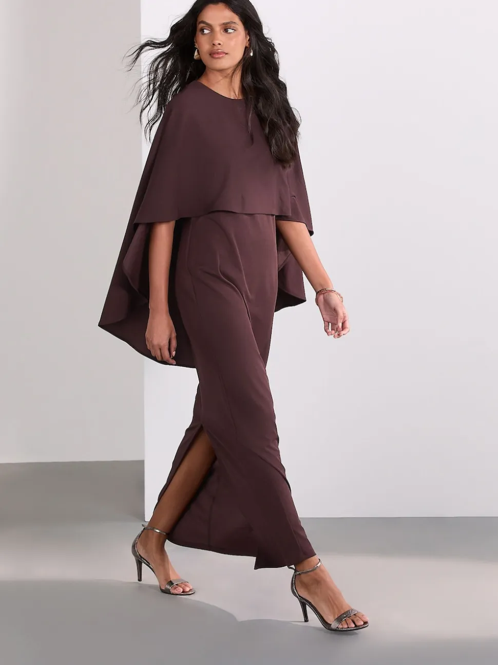 Chocolate Brown Cape Maxi Dress