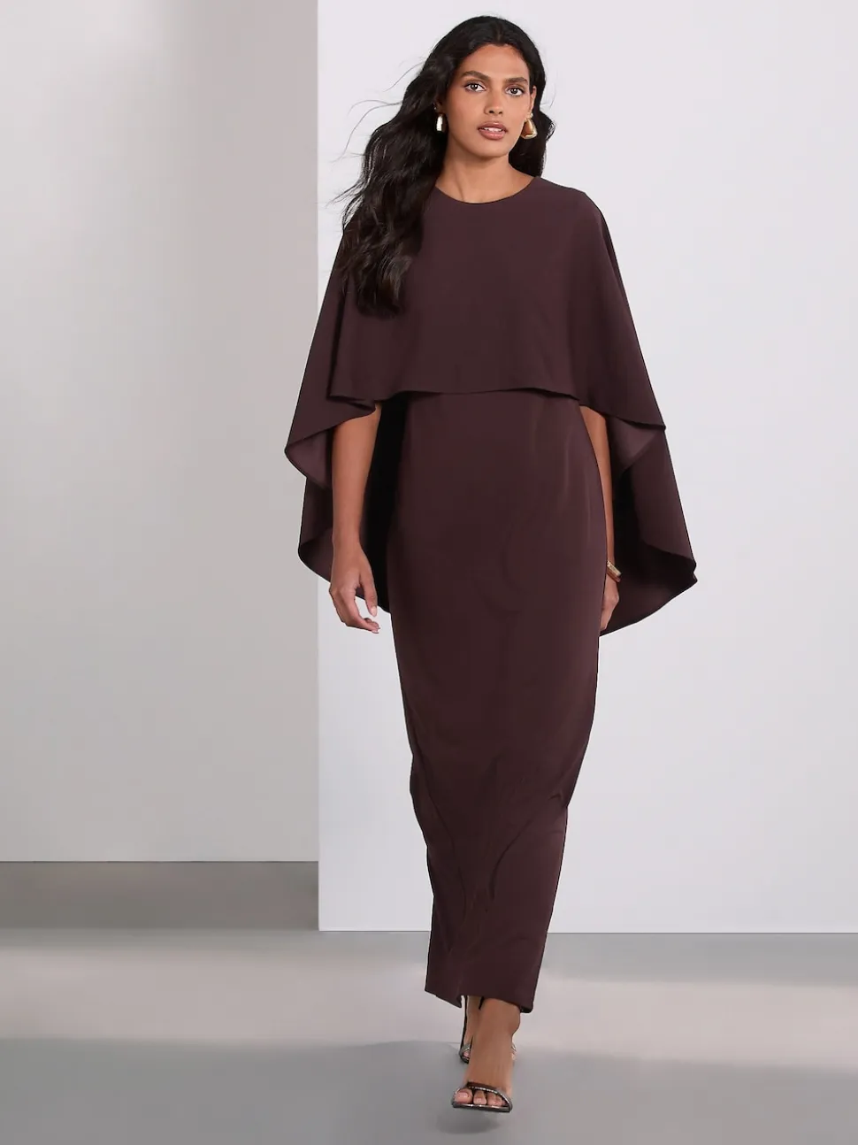 Chocolate Brown Cape Maxi Dress