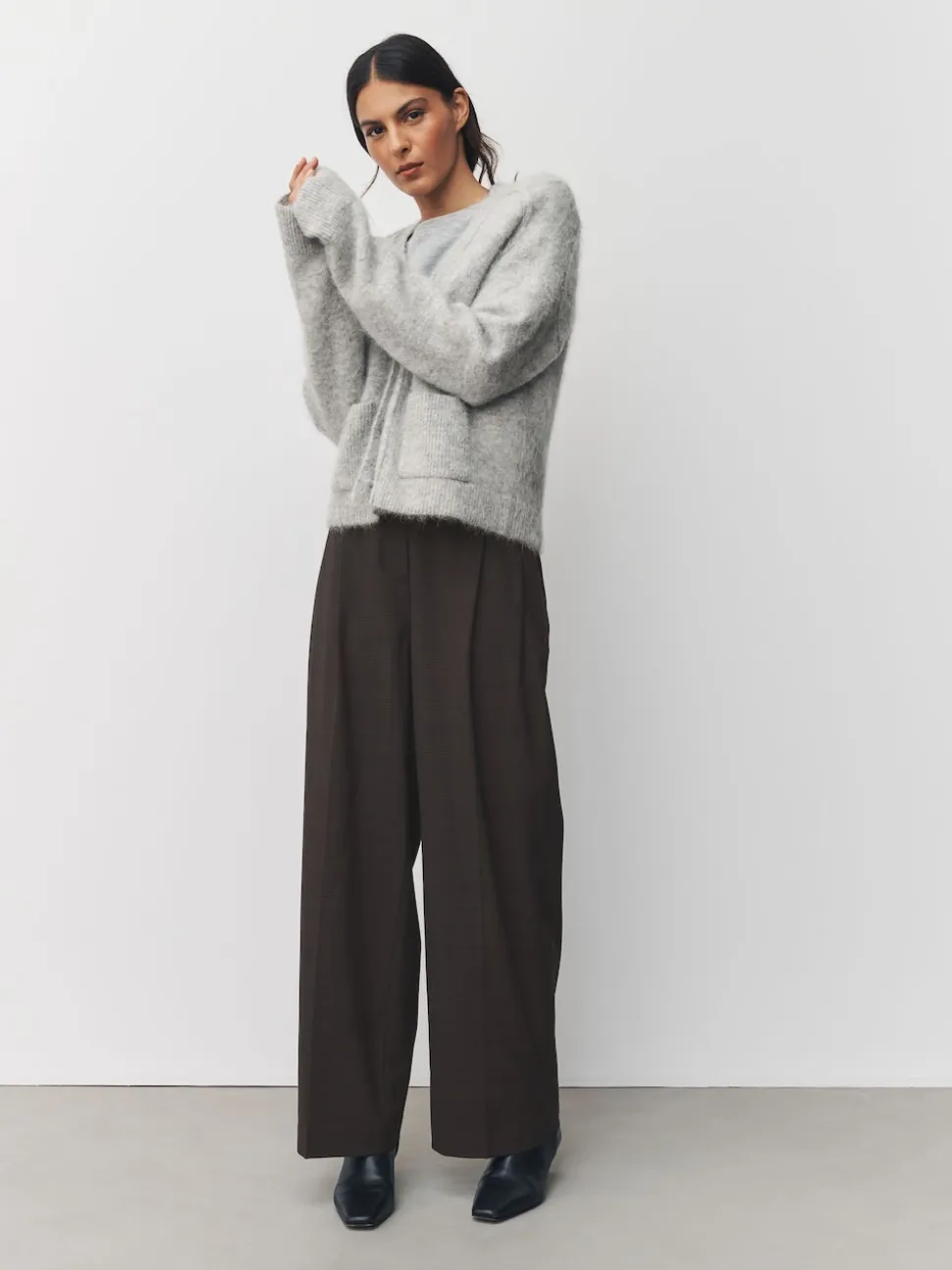 Chocolate Brown Check Double Pleat Straight Leg Trousers
