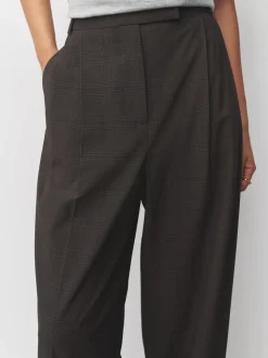 Chocolate Brown Check Double Pleat Straight Leg Trousers