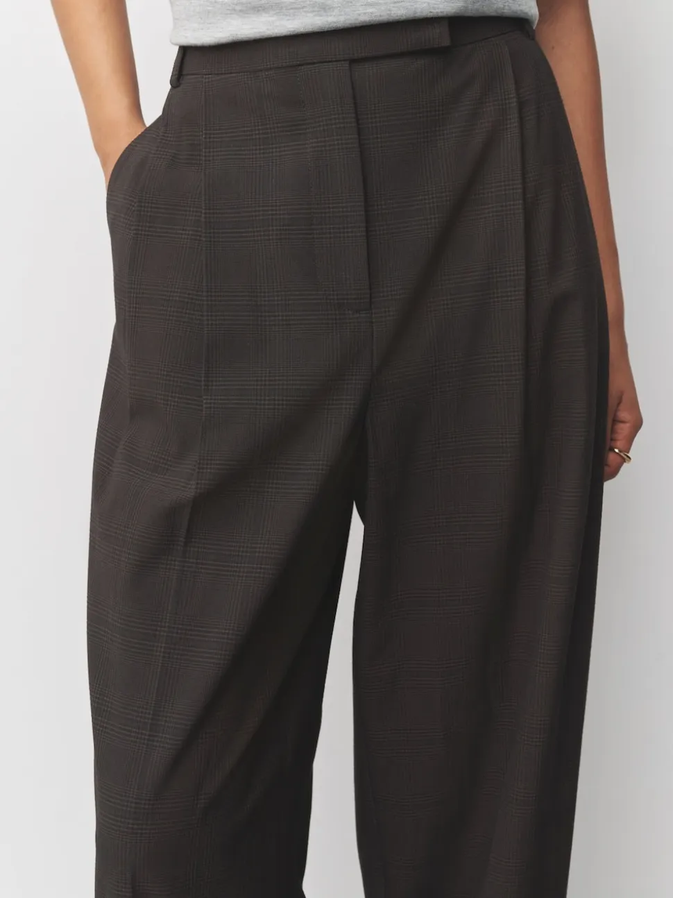 Chocolate Brown Check Double Pleat Straight Leg Trousers