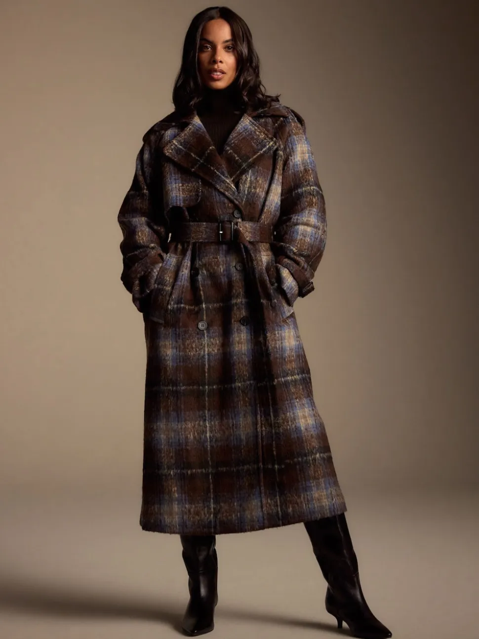 Chocolate Brown Check Trench Coat
