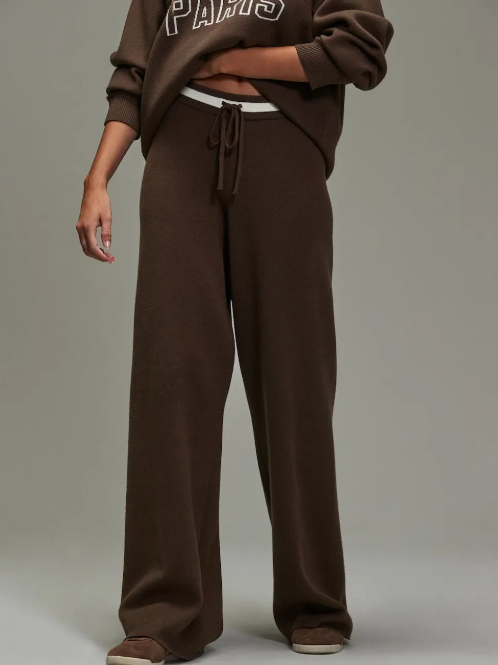 Chocolate Brown Compact Cosy Wide Leg Tipped Joggers