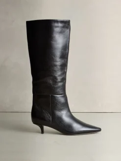 Chocolate Brown Crinkle Effect Leather Signature Underset Heel Knee High Boots