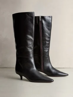 Chocolate Brown Crinkle Effect Leather Signature Underset Heel Knee High Boots