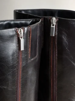Chocolate Brown Crinkle Effect Leather Signature Underset Heel Knee High Boots