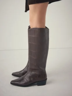 Chocolate Brown Croc Embossed Forever Comfort® Chisel Toe Knee High Boots