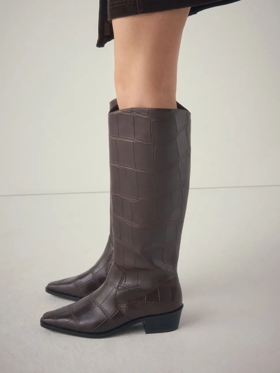 Chocolate Brown Croc Embossed Forever Comfort® Chisel Toe Knee High Boots