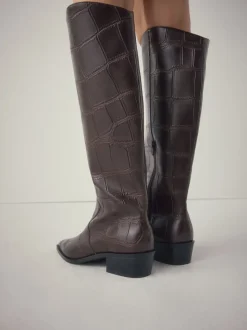 Chocolate Brown Croc Embossed Forever Comfort® Chisel Toe Knee High Boots