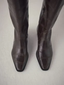 Chocolate Brown Croc Embossed Forever Comfort® Chisel Toe Knee High Boots