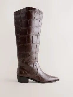 Chocolate Brown Croc Embossed Forever Comfort® Chisel Toe Knee High Boots