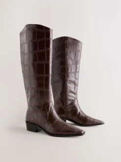 Chocolate Brown Croc Embossed Forever Comfort® Chisel Toe Knee High Boots