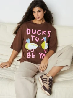 Chocolate Brown Duck Graphic Short Sleeve Crew Neck T-Shirt
