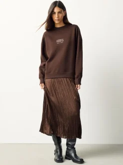 Chocolate Brown Embroidery 2-In-1 Sweatshirt With Satin Midi Skirt