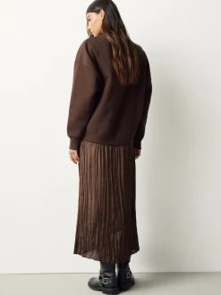Chocolate Brown Embroidery 2-In-1 Sweatshirt With Satin Midi Skirt