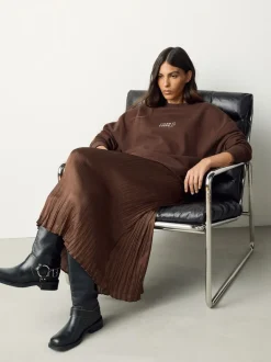 Chocolate Brown Embroidery 2-In-1 Sweatshirt With Satin Midi Skirt