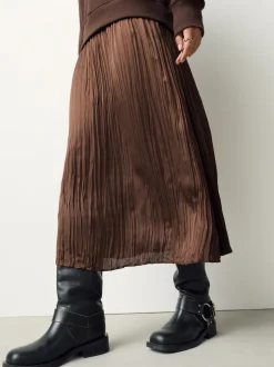 Chocolate Brown Embroidery 2-In-1 Sweatshirt With Satin Midi Skirt