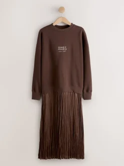 Chocolate Brown Embroidery 2-In-1 Sweatshirt With Satin Midi Skirt