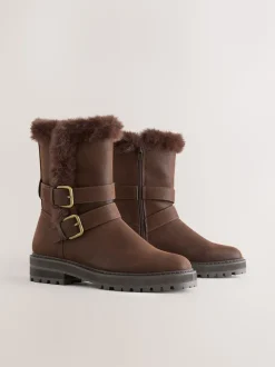 Chocolate Brown Extra Wide Fit Forever Comfort® Double Buckle Faux Fur Lined Ankle Boots