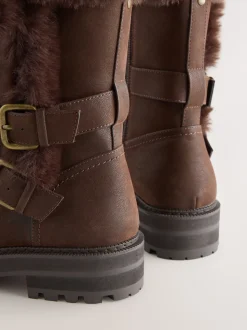 Chocolate Brown Extra Wide Fit Forever Comfort® Double Buckle Faux Fur Lined Ankle Boots